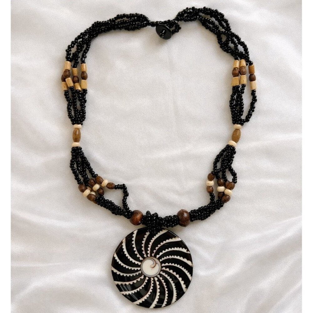 Boho Shell Statement Necklace Black Glass Wood Beads 18 in